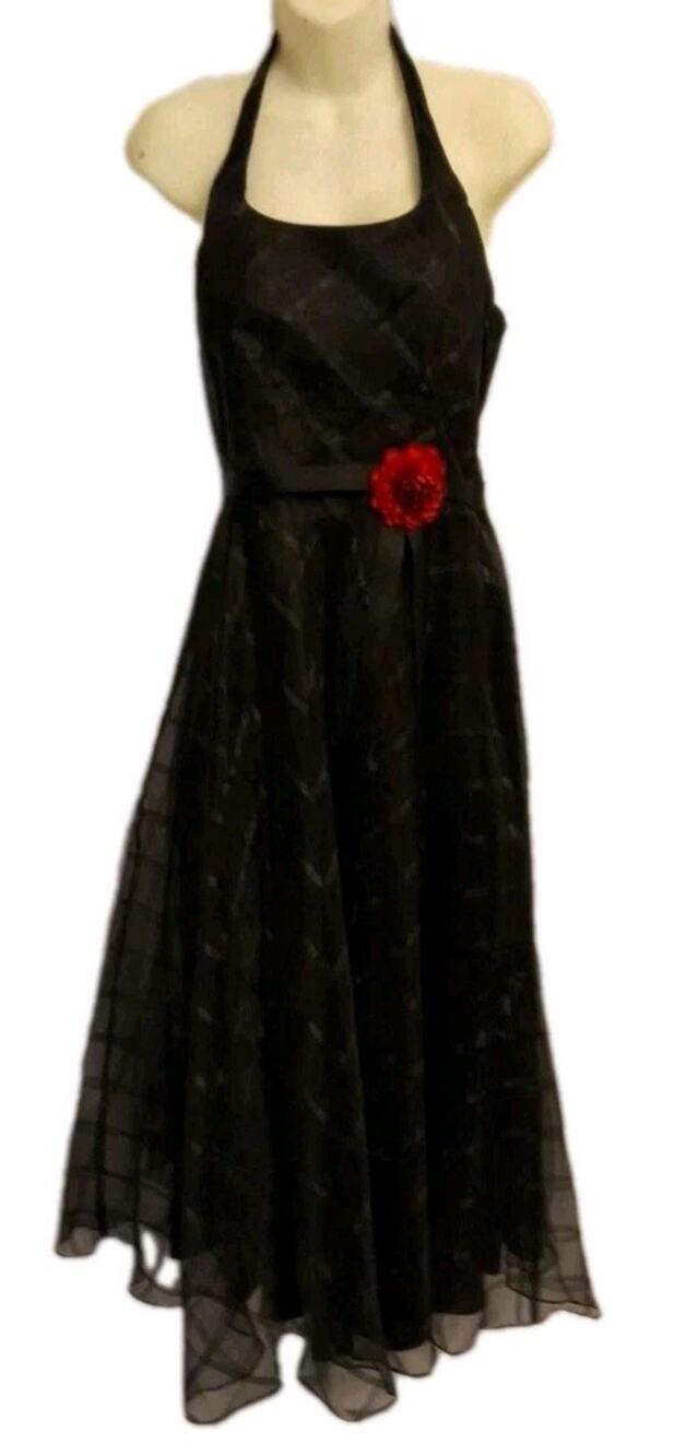 Bessie And Adam By Jas Lene Size 10 Tea Length Black Formal Dress Red Rose